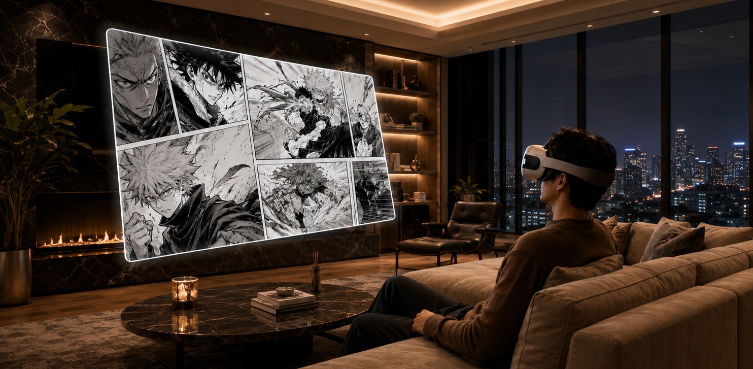 A reader in a VR headset watching a wall-sized manga page float in their living room